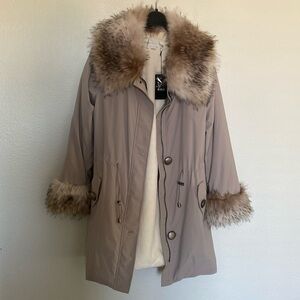 NWT Fabulous Furs Truffle Faux Fur-Trimmed Anorak Storm Coat Trench Medium